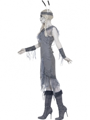 Ghost Town Indiaan Verkleedkostuum. Inbegrepen is de spooky jurk met losse armstukken en haarband met veer. Met behulp van onze schmink setjes maakt u het helemaal af. Halloween Spook Zombie Feest Verkleedkleding.