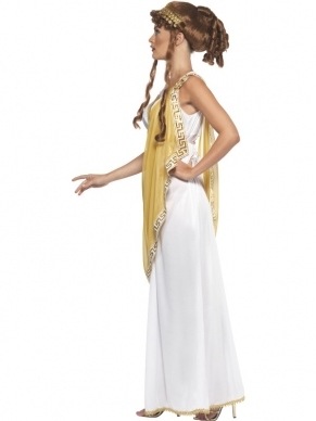 Helen of Troy Dames Verkleedkleding. Ga als de mooie Helen uit de film Troy. Inbegrepen is de prachtige wit / gouden jurk en de gouden tiara. Een echte prinses uit de oudheid.