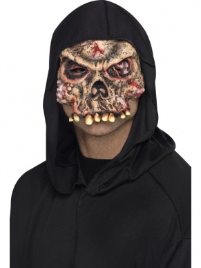 Zombie Skeleton Half Gezichtsmasker. De mond is bij dit masker helemaal vrij dus er kan nog makkelijk gegeten en gedronken worden.
