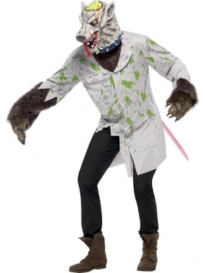 Horror Experiment Lab Rat Kostuum. Inbegrepen is de witte lab jas met staart, naam badge en latex masker.