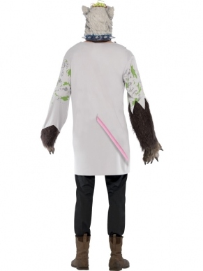 Horror Experiment Lab Rat Kostuum. Inbegrepen is de witte lab jas met staart, naam badge en latex masker.