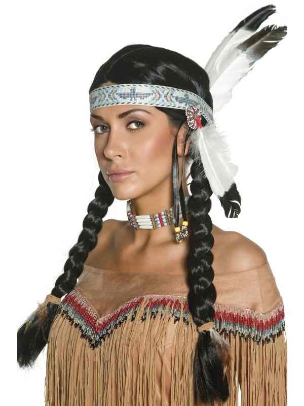 Mooie Indianen Pruik met Vlechten en haarband met veren.