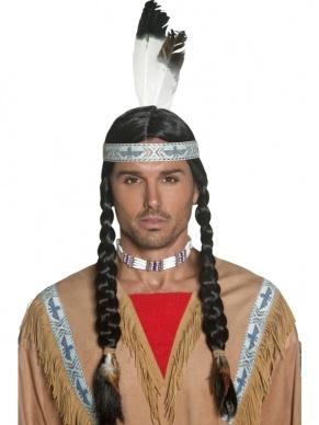 Mooie Indianen Pruik met Vlechten en haarband met veren.