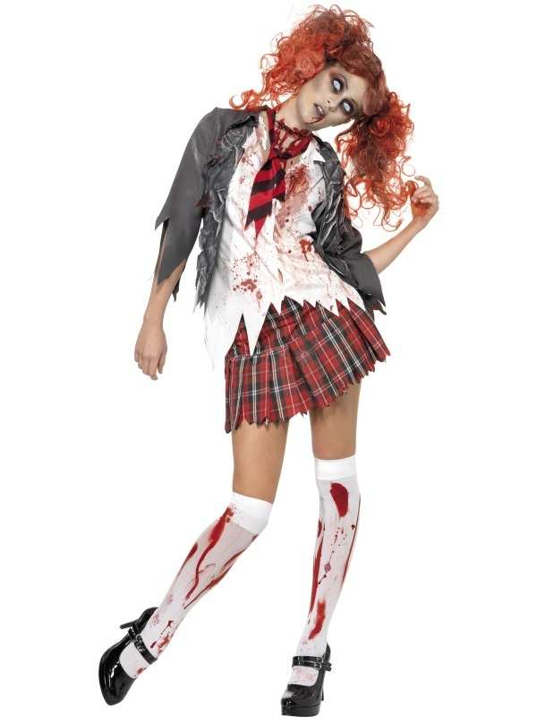 High School Horror Zombie Studente Kostuum, bestaande uit de complete school outfit met wit shirtje met jasje eraan vast, stropdas en rok. Maak dit kostuum compleet met de kousen, pruik, de contactlensen, onze schmink setjes en nepbloed.