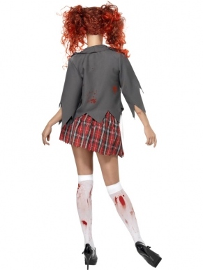 High School Horror Zombie Studente Kostuum, bestaande uit de complete school outfit met wit shirtje met jasje eraan vast, stropdas en rok. Maak dit kostuum compleet met de kousen, pruik, de contactlensen, onze schmink setjes en nepbloed.