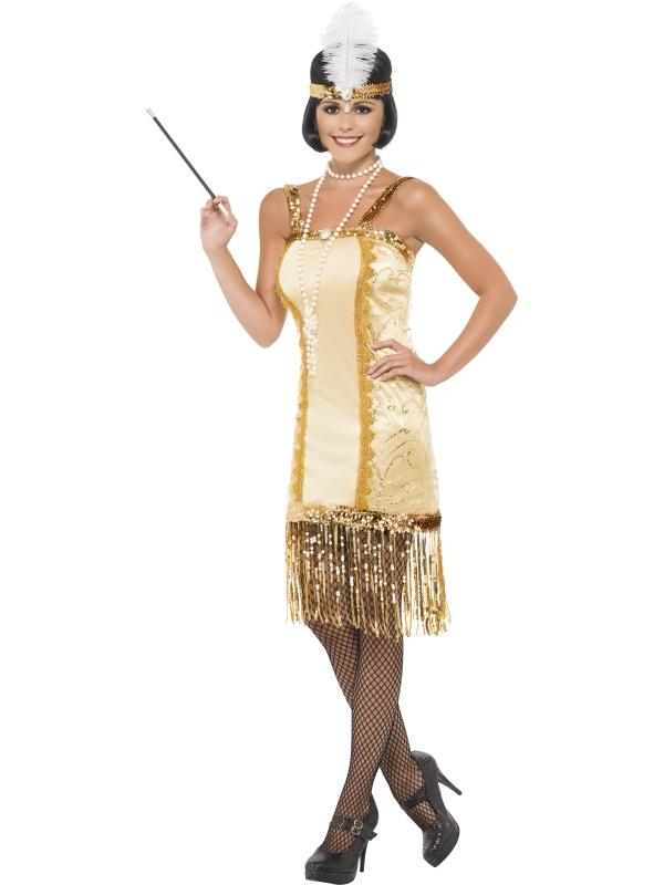 Gouden Charleston Flapper Verkleedkostuum. Inbegrepen is de mooie gouden jurk met franjes en de haarband met veer. We verkopen nog meer 1920's charlston flapper verkleedkleding en accessoires.