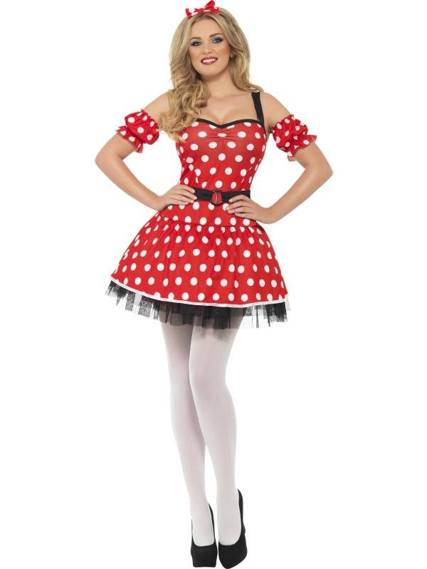 Fever Minnie Mouse Verkleedkostuum. Inbegrepen is de sexy jurk met losse mouwen en de diadeem met oren.