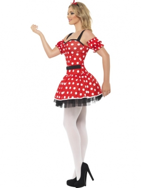 Fever Minnie Mouse Verkleedkostuum. Inbegrepen is de sexy jurk met losse mouwen en de diadeem met oren.