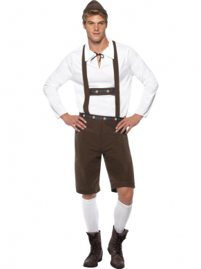 Duits Bierjongen Heren Verkleedkostuum. Inbegrepen is de lederhosen broek met bretels, shirt en hoed.