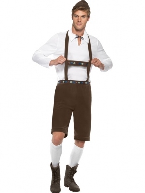 Duits Bierjongen Heren Verkleedkostuum. Inbegrepen is de lederhosen broek met bretels, shirt en hoed.