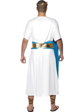 Roman Senator Kostuum, bestaande uit het lange witte gewaad met blauwe details, riem en haarband.