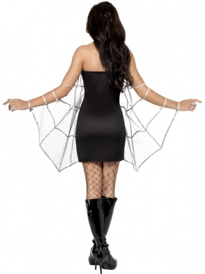 Zwarte Black Widow Dames Verkleedkostuum. Inbegrepen is de zwarte strakk jurk met spinnen detail en spinnenweb mouwen.