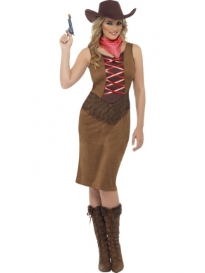 Fringe Cowgirl Dames Verkleedkleding. Inbegrepen is de mooie jurk, zakdoek en hoed. Compleet kostuum.