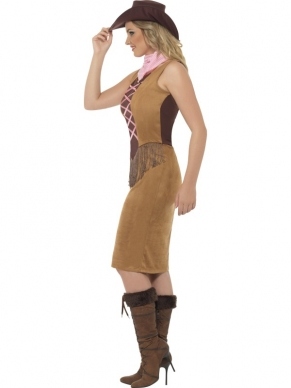 Fringe Cowgirl Dames Verkleedkleding. Inbegrepen is de mooie jurk, zakdoek en hoed. Compleet kostuum.