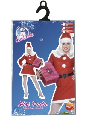 Miss Santa Voordeel Kostuum - compleet Kerstvrouw kostuum, inclusief rood - witte jurk, zwarte riem en kerstmuts.