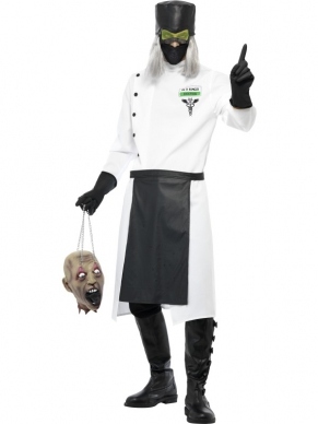Dr D.Ranged Wit Verkleedkleding in het wit voorzien van een lange witte jas met knopen, handschoenen, hoed met haar, oognet, masker en schort.