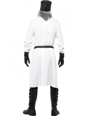 Dr D.Ranged Wit Verkleedkleding in het wit voorzien van een lange witte jas met knopen, handschoenen, hoed met haar, oognet, masker en schort.