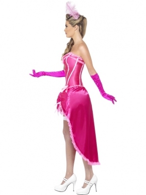 Roze Burlesque Danseres Verkleedkleding. Inbegrepen is de bodice corset en mooie rok (kort van voren en lang van achteren). De accessoires verkopen we los.