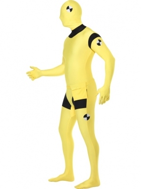 Second Skin Suit Morphsuit Crash Dummy. Second Skin pak crash test dummy. Dit gele second skin testpop pak is luchtdoorlatend. In het pak zit een verborgen rits en opening onder de kin waardoor je gewoon kan eten en drinken. Ook heeft dit pak in het kruis een opening.