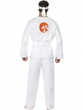 Daniel San Karate Kid Heren Kostuum. Wit Karate Kostuum met Jas, Broek, Riem en Haarband. 