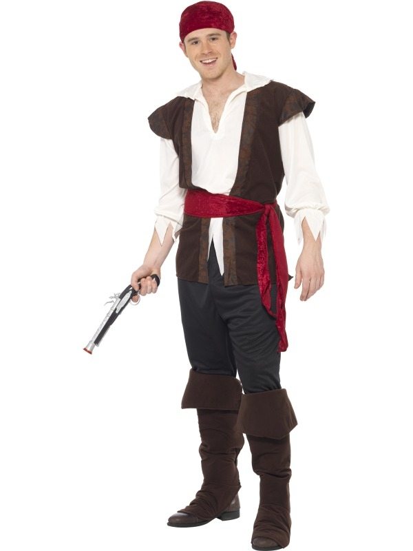 Originele Heren Piraten Kostuum. Met rode hoofddoek, bruin vest, wit shirt, riem en bruine schoenenhoes.