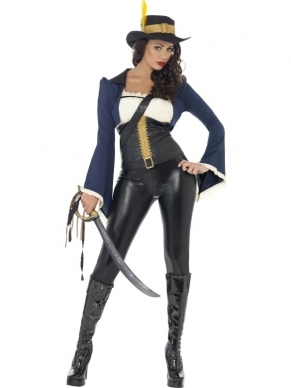 Penelope Piraten Kostuum met bovenstuk, mooi gevormd jasje, zwarte legging, riem. Het kostuum is inclusief de zwarte hoed met gele band & veer.