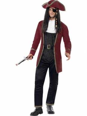 Piraten Kapitein Kostuum met een authentiek bordeax rode jas, wit overlappende das, ooglap en passende hoed.