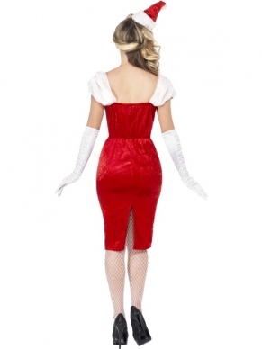 Pin Up Miss Santa Kostuum - compleet Kerstvrouw kostuum, inclusief strapless kerstvrouw jurk die aan de achterkant langer doorloopt en zwarte taille riem. we verkopen het kleine kerstmutsje apart in onze webshop.