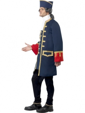 Piraten Commandant Kostuum met jas en passende hoed die van authentieke kleuren voorzien zijn.