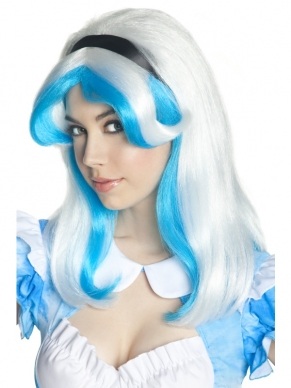 Alice in Wonderland Pruik met Hoofdband in het blauw en wit.