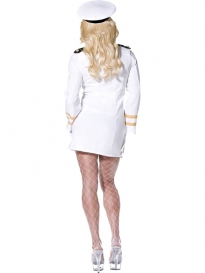 Top Gun Officier Dames Verkleedkleding bestaande uit een witte jurk met gouden details, een paar witte handschoenen en de hoed. Verkrijgbaar in verschillende maten.