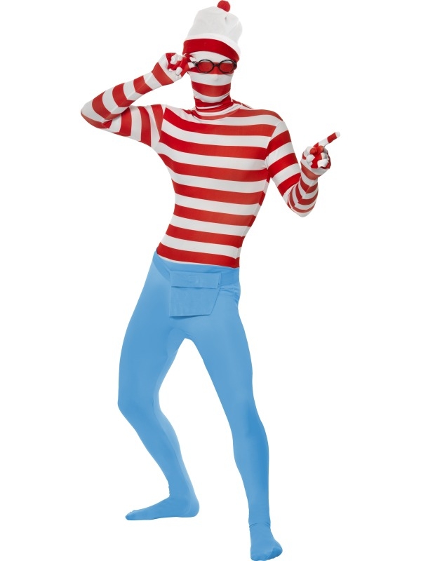 Where's Wally? Second Skin Morph Kostuum. Wally hoed, bril en pak zijn inbegrepen. Spullen kunnen in het verborgen zakje aan de voorkant!