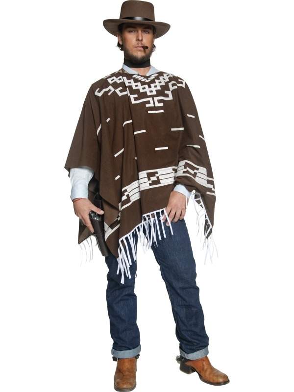 Western Cowboy Poncho Kostuum. Het bruine kostuum voor gevaarlijke cowboy's is voorzien van een shirt en sjaal voor om de nek.