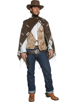 Western Cowboy Poncho Kostuum. Het bruine kostuum voor gevaarlijke cowboy's is voorzien van een shirt en sjaal voor om de nek.