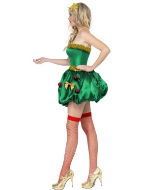 Sexy Kerstboom Jurk - sexy strapless groen jurkje met kerstballen en strikken en gouden haarstrik.