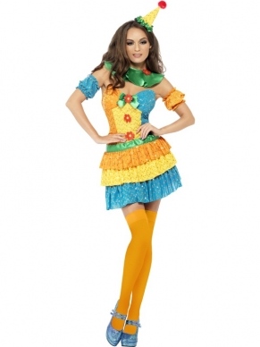 Fever Kleurrijke Clown Cutie Verkleedkostuum. Kleurrijke jurk met geplooide rok (met glitters), losse mouwen, kraag een hoedje. De kousen verkopen we los. 