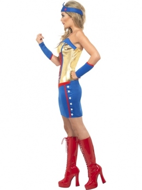 Fever Super Hot Hero Superheld Kostuum. Inbegrepen is de sexy strapless jurk met armbanden en haarband.