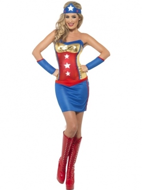 Fever Super Hot Hero Superheld Kostuum. Inbegrepen is de sexy strapless jurk met armbanden en haarband.