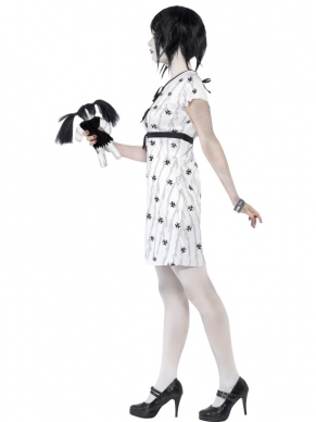 Gothic Abby Doll Halloween Kostuum. Inbegrepen is de jurk, armband en pop. De kousen verkopen we los. 