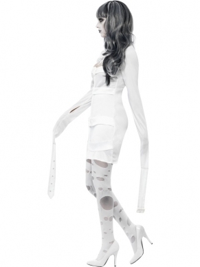 Psycho Dames Dwangbuis Halloween Kostuum. Inbegrepen is de witte jurk met bolera (zit eraan vast) met armen die langs het lichaam vast gemaakt kunnen worden. De kousen verkopen we los. 