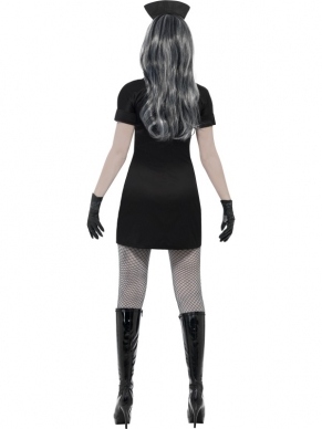 Zuster des Doods Halloween Verkleedkostuum. Inbegrepen is de zwarte Halloween jurk met bolero (zit er aan vast), handschoenen, zusterkapje en masker. 
