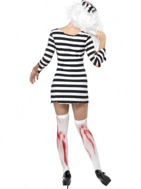 Zombie Convict Boef Halloween Verkleedkostuum. Inbegrepen is de gestreepte jurk met latex stuk (organen) en bloedstrepen en hoedje. De kousen, make-up en pruik verkopen we los. 