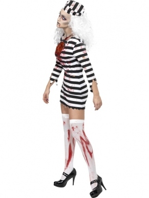 Zombie Convict Boef Halloween Verkleedkostuum. Inbegrepen is de gestreepte jurk met latex stuk (organen) en bloedstrepen en hoedje. De kousen, make-up en pruik verkopen we los. 