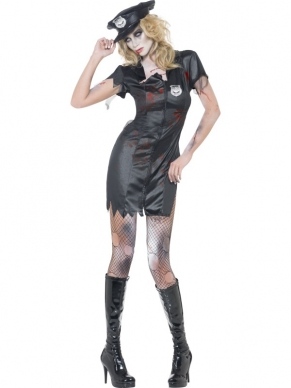 Fever Zombie Polietieagente Halloween Verkleedkleding. Inbegrepen is de zwarte jurk met bloedvlekken en een politiepet. 