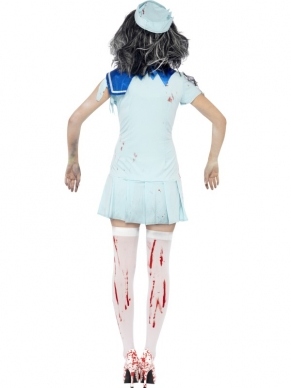 Zombie Sailor Matroos Halloween Verkleedkleding. Inbegrepen is de matrozenjurk met bloedspatten en het matrozenhoedje. De Halloween accessoires verkopen we los. 