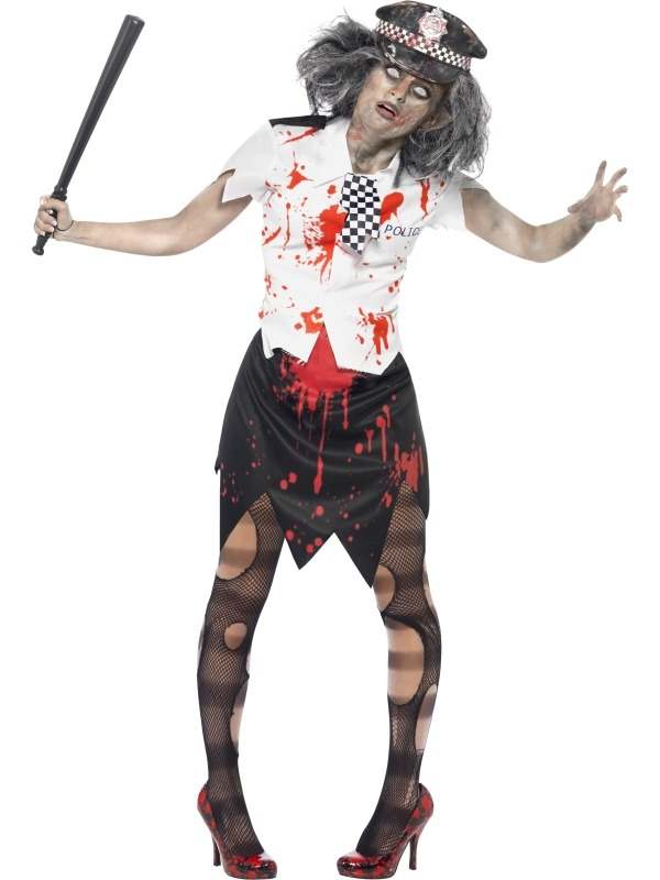Zombie Politieagente Halloween Kostuum. Inbegrepen is het witte shirt met stropdas en bloedspatten, zwarte rok met bloedspatten en de politiepet