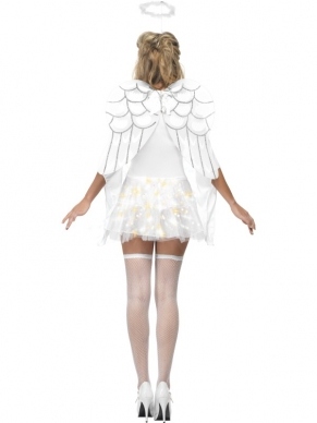Fever Engelenkostuum met LED Lichtjes. Prachtig wit engelen verkleedkostuum met lichtjes in de rok die aan en uit kunnen, vleugels en een aureool.