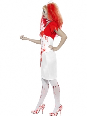 Blood Drip Nurse Zuster Halloween Kostuum, bestaande uit de de rok, het korsetje, het bolero jasje, halsband en zusterkapje. Het hele kostuum is wit met bloedstrepen en spatten. De pruik verkopen we los en we verkopen ook nog extra flesjes nepbloed voor een extra bloederig effect. 