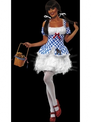 Dorothy Kostuum met Lichten. De rok is voorzien van lampjes waardoor het kostuum ook als het iets donker is op zal vallen. Pas dus in het donker op als je als Dorothy verkleed gaat.