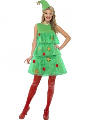 Kerstboom Kostuum - grappige kerstboom jurk met versiering en groene kerstmuts.